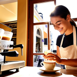 **

A barista in a bustling Lisbon café carefully pouring latte art (a heart design) into a *galão*. Sunlight streams through the window, highlighting the crema. Patrons are visible in the background, enjoying *pastéis de nata* and coffee. Focus is on the artistry and inviting atmosphere. The barista is smiling.

**