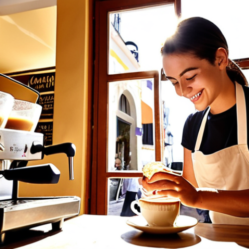 **

A barista in a bustling Lisbon café carefully pouring latte art (a heart design) into a *galão*. Sunlight streams through the window, highlighting the crema. Patrons are visible in the background, enjoying *pastéis de nata* and coffee. Focus is on the artistry and inviting atmosphere. The barista is smiling.

**