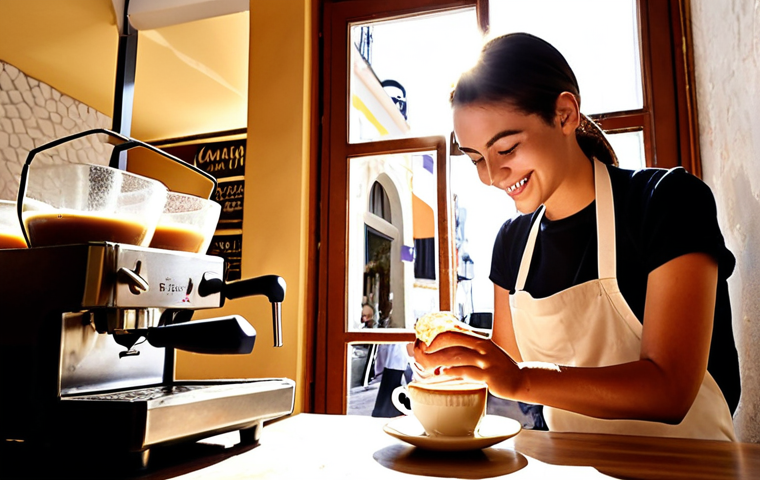 **

A barista in a bustling Lisbon café carefully pouring latte art (a heart design) into a *galão*. Sunlight streams through the window, highlighting the crema. Patrons are visible in the background, enjoying *pastéis de nata* and coffee. Focus is on the artistry and inviting atmosphere. The barista is smiling.

**