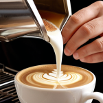 A close-up, highly detailed shot of a barista's hands precisely pouring glossy, silky microfoam into a cup, expertly creating a flawless latte art design, such as a delicate rosetta or tulip. The rich, golden-brown espresso crema is visible beneath the milk. The setting is a pristine, professional coffee bar, with soft, focused lighting that highlights the texture of the milk and the intricate details of the art. The image conveys mastery, artistry, and the pursuit of perfection in beverage presentation.
