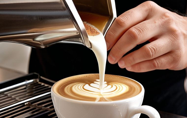 A close-up, highly detailed shot of a barista's hands precisely pouring glossy, silky microfoam into a cup, expertly creating a flawless latte art design, such as a delicate rosetta or tulip. The rich, golden-brown espresso crema is visible beneath the milk. The setting is a pristine, professional coffee bar, with soft, focused lighting that highlights the texture of the milk and the intricate details of the art. The image conveys mastery, artistry, and the pursuit of perfection in beverage presentation.
