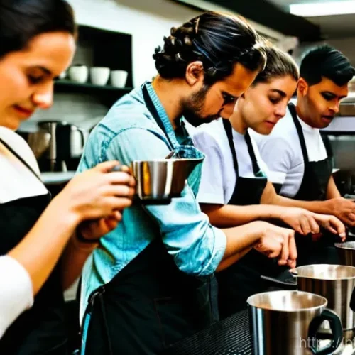 Home 23 바리스타 자격증 취득 비용 - **"A vibrant and bustling scene inside a modern barista training school. A diverse group of adult st...