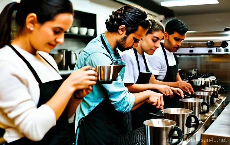 바리스타 자격증 취득 비용 - **"A vibrant and bustling scene inside a modern barista training school. A diverse group of adult st...