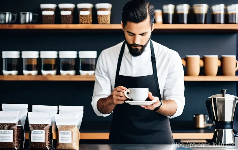 바리스타 자격증 취득 비용 - **"A close-up, artistic shot focusing on the hands of a skilled female barista as she delicately pou...