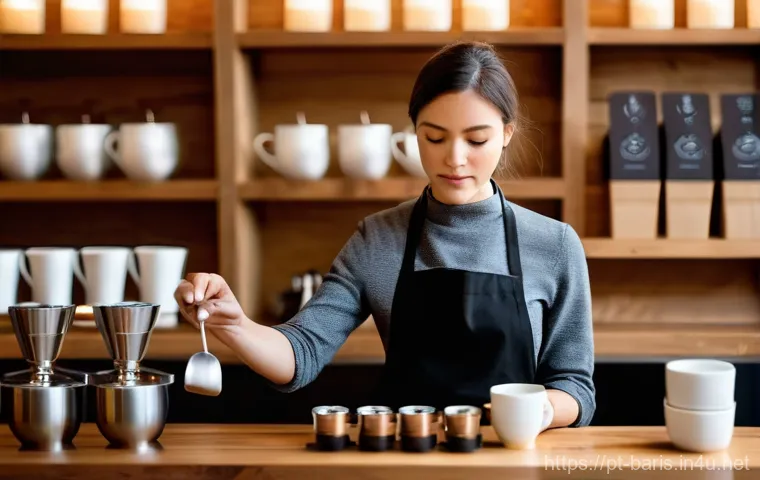바리스타 이직 준비 가이드 - **Prompt:** A highly focused, professional barista, a woman in her early 30s, meticulously performin...