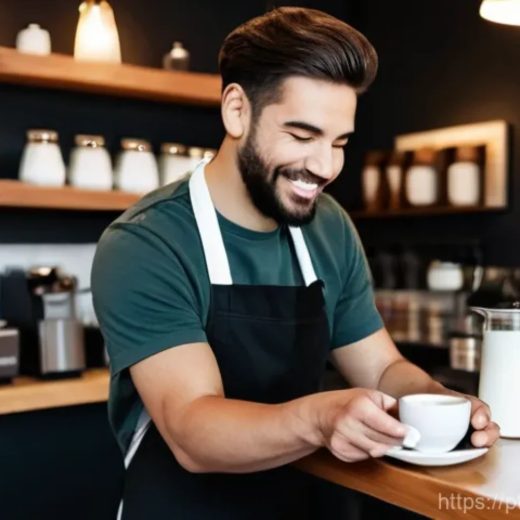 바리스타 교육 프로그램 비용 - **Prompt:** A passionate and skilled male barista in a contemporary, cozy Portuguese coffee shop. He...