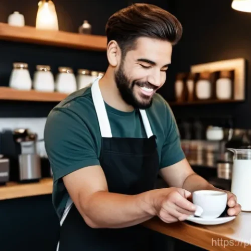 바리스타 교육 프로그램 비용 - **Prompt:** A passionate and skilled male barista in a contemporary, cozy Portuguese coffee shop. He...