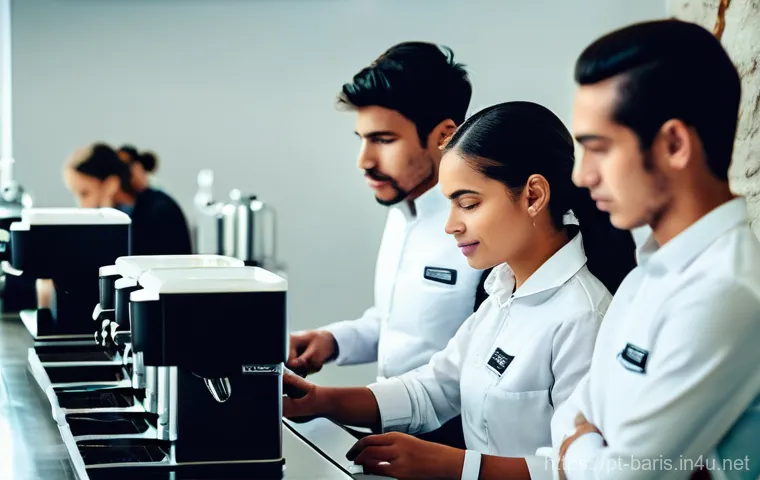 바리스타 교육 프로그램 비용 - **Prompt:** A passionate and skilled male barista in a contemporary, cozy Portuguese coffee shop. He...