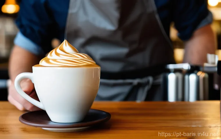 바리스타 자격증 초보자를 위한 팁 - The Art of Latte Art in a Modern Cafe**
    "A close-up, high-definition shot of a skilled barista, ...