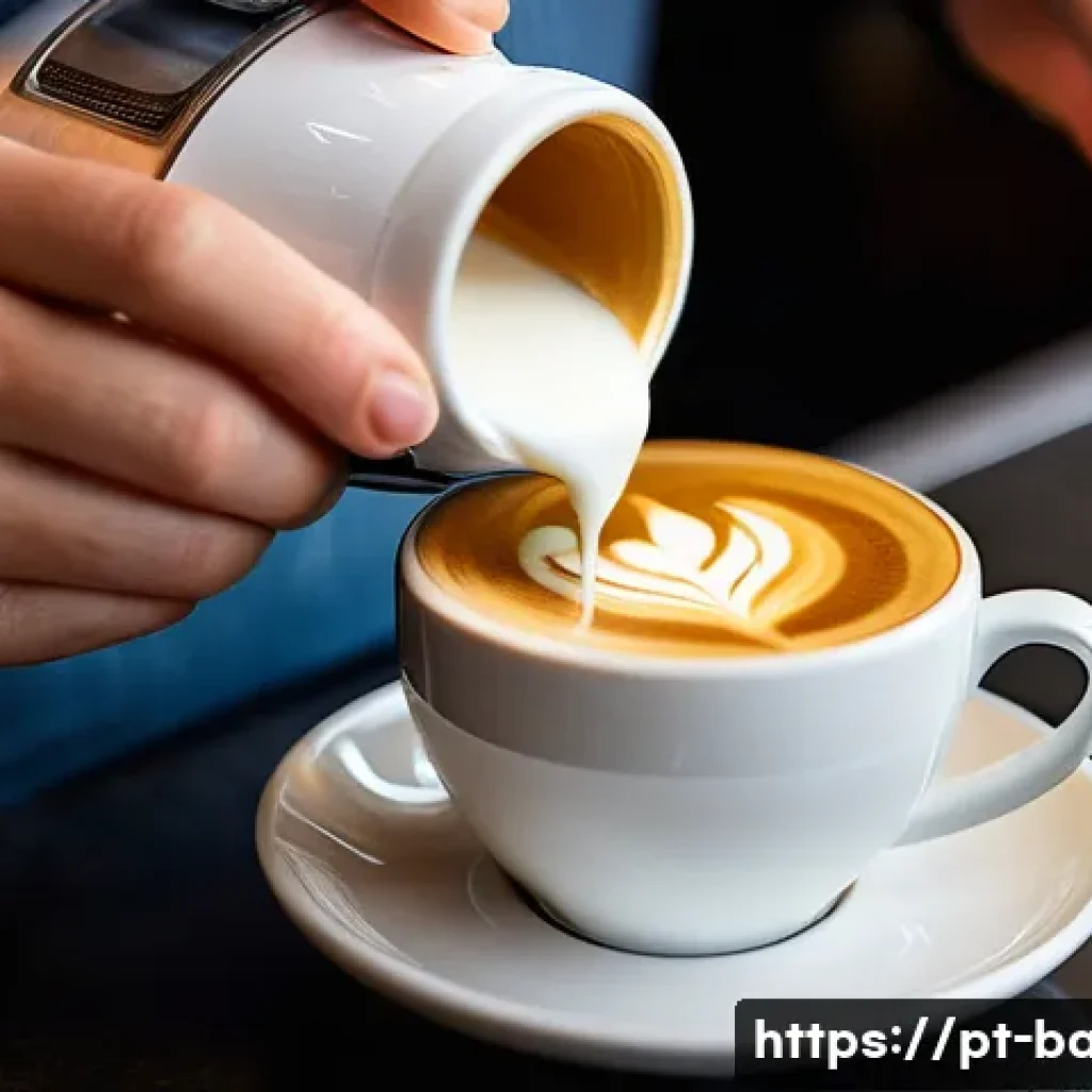 바리스타 커리어 업그레이드 방법 - **Latte Art Masterpiece:** A close-up, high-angle shot of a skilled barista's hands, wearing clean, ...