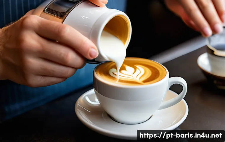 바리스타 커리어 업그레이드 방법 - **Latte Art Masterpiece:** A close-up, high-angle shot of a skilled barista's hands, wearing clean, ...