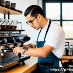 바리스타 자격증 이론 강의 리뷰 - A modern specialty coffee shop scene showing a skilled barista carefully adjusting an espresso machi...