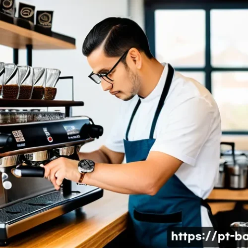 바리스타 자격증 이론 강의 리뷰 - A modern specialty coffee shop scene showing a skilled barista carefully adjusting an espresso machi...