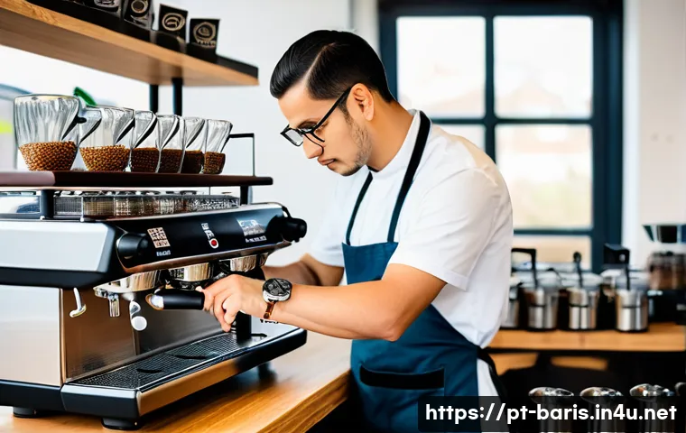바리스타 자격증 이론 강의 리뷰 - A modern specialty coffee shop scene showing a skilled barista carefully adjusting an espresso machi...