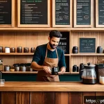 바리스타 자격증으로 자신만의 커피 브랜드 만들기 - A cozy Brazilian specialty coffee shop interior scene during daytime, featuring warm earthy tones, w...
