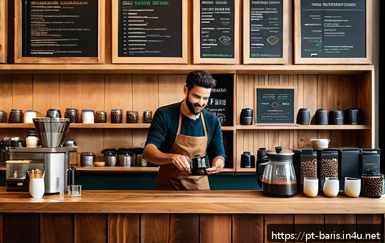 바리스타 자격증으로 자신만의 커피 브랜드 만들기 - A cozy Brazilian specialty coffee shop interior scene during daytime, featuring warm earthy tones, w...