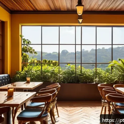 바리스타와 매장 관리 업무 - A cozy Brazilian caf&eacute; interior during a sunny afternoon, featuring warm natural light filtering thro...