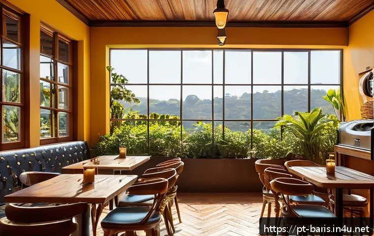 바리스타와 매장 관리 업무 - A cozy Brazilian café interior during a sunny afternoon, featuring warm natural light filtering thro...