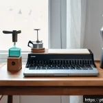 바리스타 시험 전날 체크리스트 - A cozy, well-organized study space for a Portuguese-speaking barista preparing for an exam, featurin...